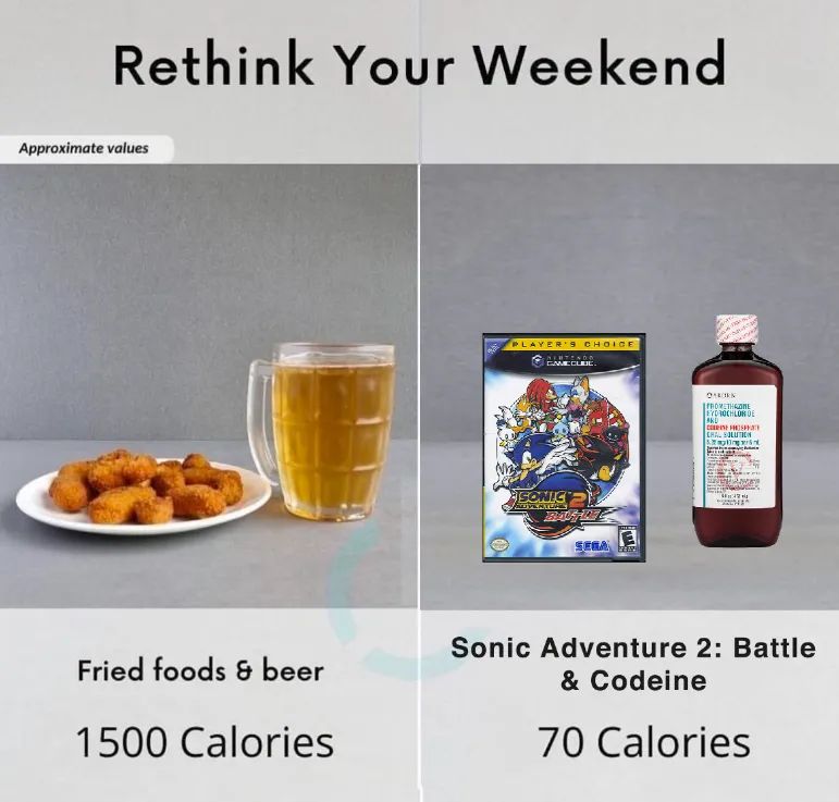 rethink your weekend
fried foods & beer: 1500 calories
sonic adventure 2: battle & codeine: 70 calories