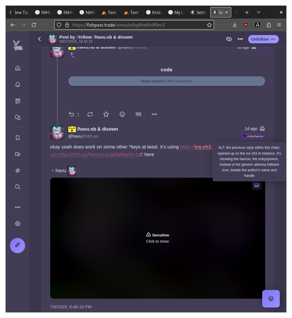 screenshot of a post of the author's own instance, opened up onto a separate iceshrimp instance, with the media's alternative description being in focus; it's a little icon at the top right of the block of media, or the element where that media should be housed, but instead it's just the "Sensitive; Click to show" banner
