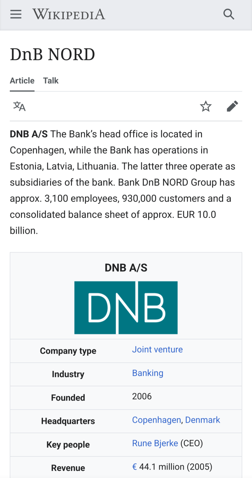 wikipedia article for a bank called "DnB NORD"