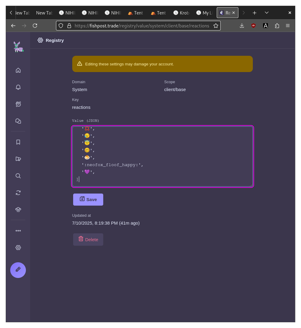 it's the default reaction picker settings thing, but instead of the more userinterfacey option it's just a JSON array, and :neofox_floof_happy: and :purple_heart: have been appended