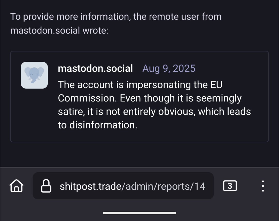 mastodon admin console view of a report from mastodon.social for a satire account
