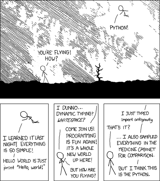 a four panel comic  
Panel 1: "You're flying! How?" "Python!"
Panel 2: "I learned it last night! Everything is so simple! Hello World is just `print "Hello, world!"`"
Panel 3: "I dunno... dynamic typing? *Whitespace*?" "Come join us! Programming is fun again! It's a whole new world up here!" "But how are you flying?"
Panel 4: "I just typed `import antigravity`" "That's it?" "...I also sampled everything in the medicine cabinet for comparison. But i think this is the python."