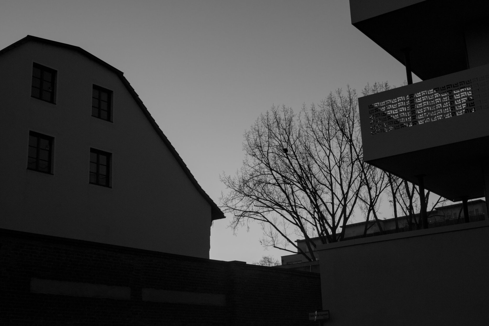 a calm sunset, trees silhouetting the skyline, a farmhouse styled domicile off to the left, separated from a very modern looking apartment block by a brick wall