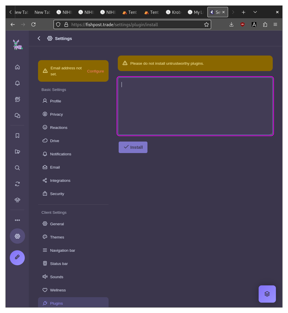 iceshrimp settings page, Plugins section, it just says Please do not install untrustworthy plugins, and then there's a big ol' text box
