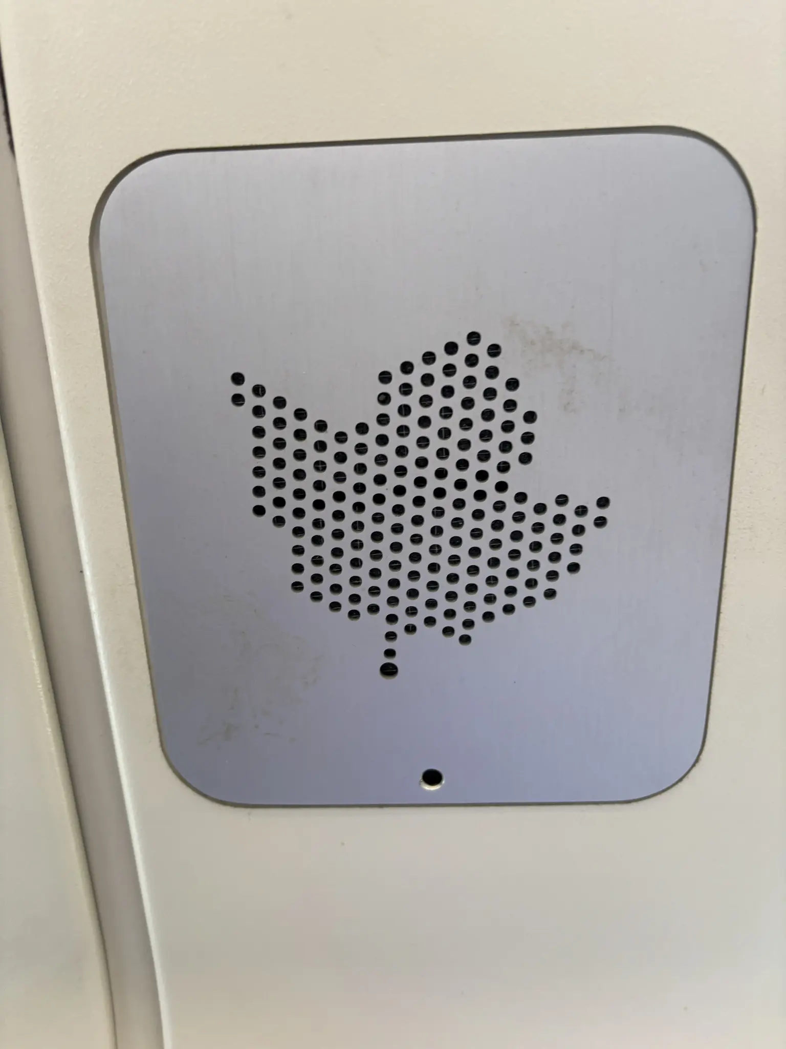 a speaker grilled, for some reason in the shape of a maple leaf