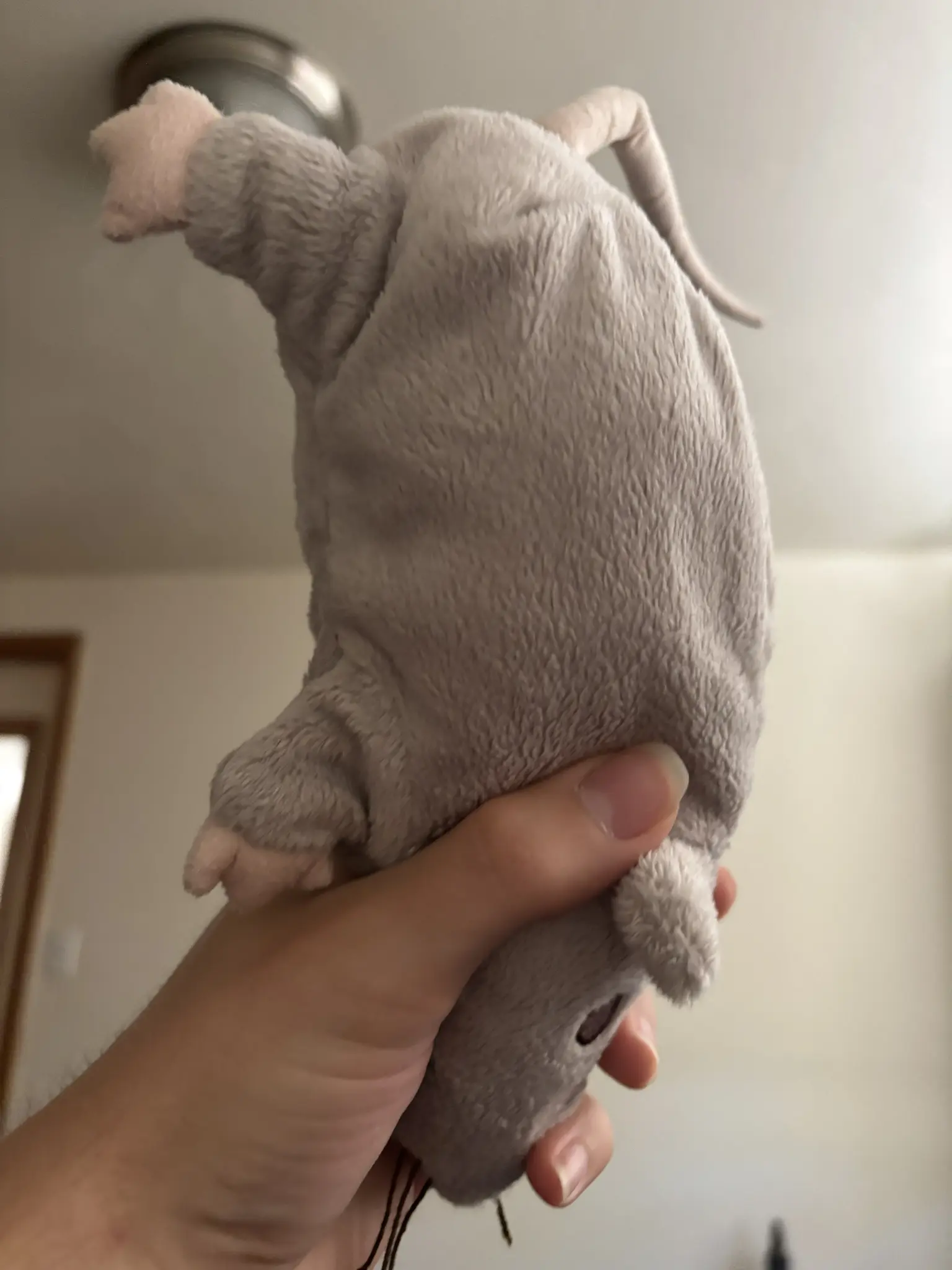 me holding a rat plush by the nose, upside down like a torch