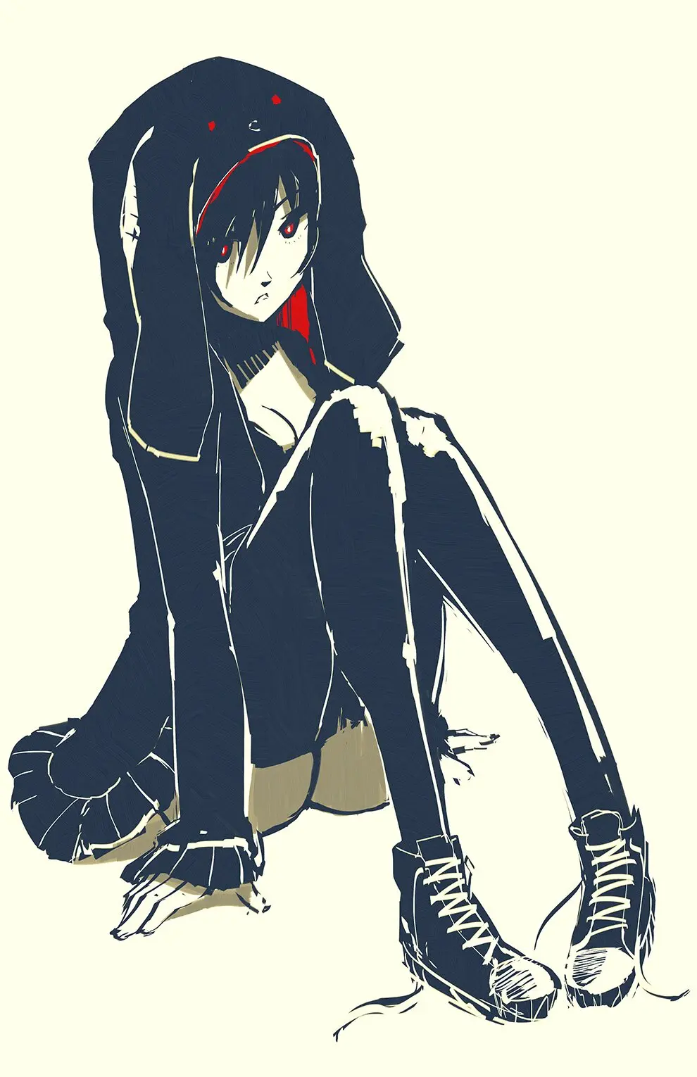 a monochrome anime styled person sits knees to chest, red pupils hollow, voidseeing, wearing a sweater with a bunny ear hat attached