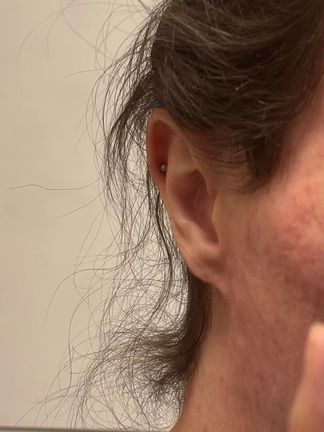 a picture of the new piercing, nestled right down in the helix of my ear, there rests a small silver bead, my messy hair and the side of my complexioned face are also visible