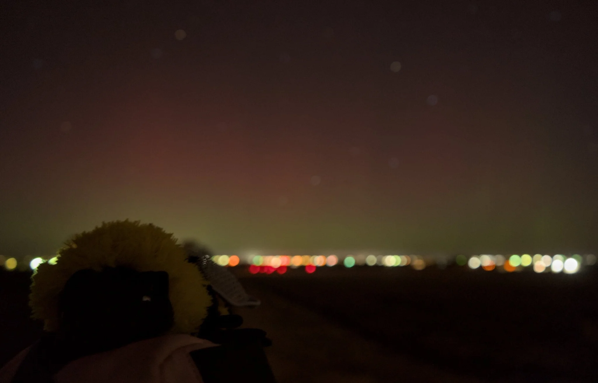 a bee plush, in focus in the foreground, with the background shrouded in bokeh, the aurora and city lights very visible