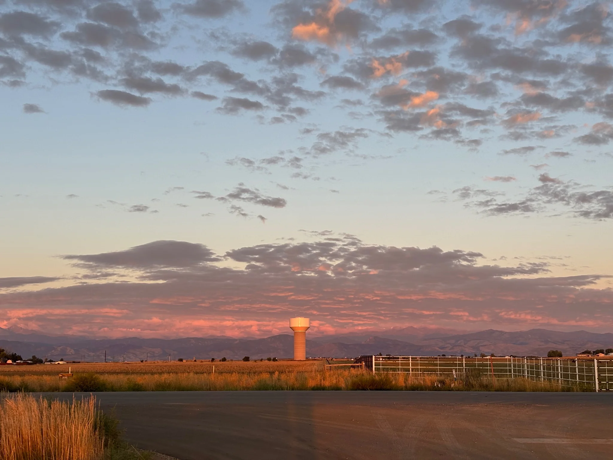 a grassy field with metal fencework to the right, in the distance a water tower can be seen, with a mountainous horizon... the clouds are thin and patchy, with a massive cluster over the mountains

the clouds are lit from beneath by the morning sun's golden rays