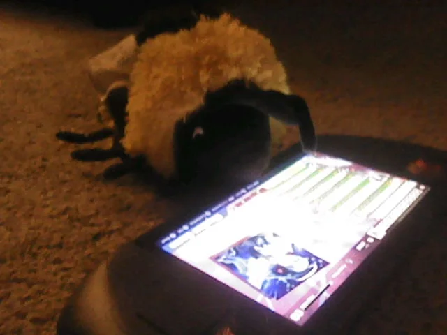 a plush bee sitting in front of a steam deck, on the screen is an overexposed 'hatsune miku: project diva' song select screen