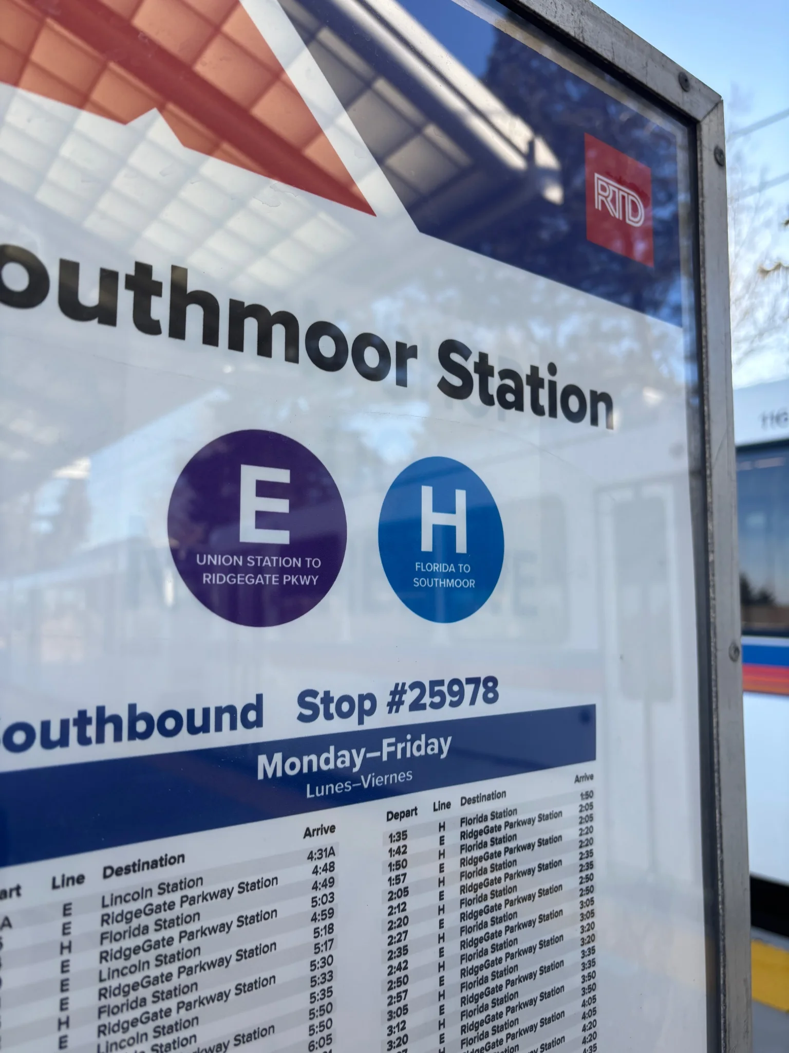 rtd transit schedule for southmoor station
subject of the shot is the bubble showing "H; florida to southmoor"