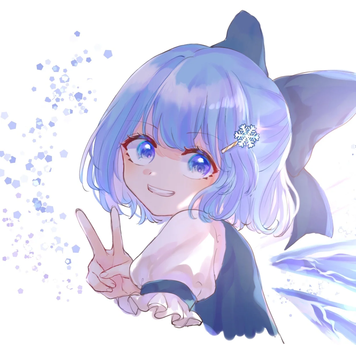 a cirno! she's looking over her left shoulder at the viewer, holding up a peace sign with her right hand and a snowflake hair clip is in her hair  
the artpiece doesn't include much of her torso and no arms can be seen