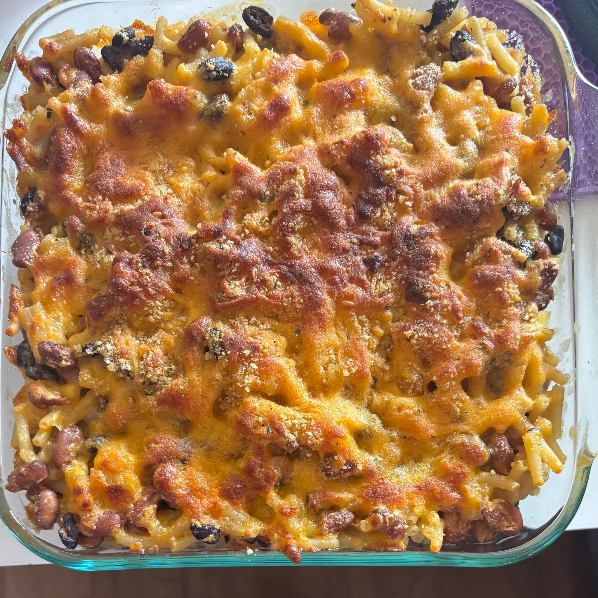 a chili mac casserole, cheese looking crispy and yummy.. recipe can be found elsewhere in thread