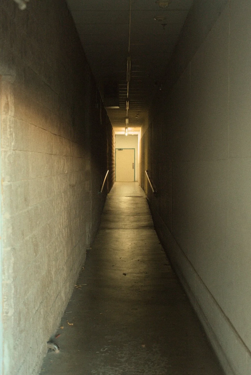creepy, dimly lit hallway, leading to a mysterious door, illuminated by the only working light bulb