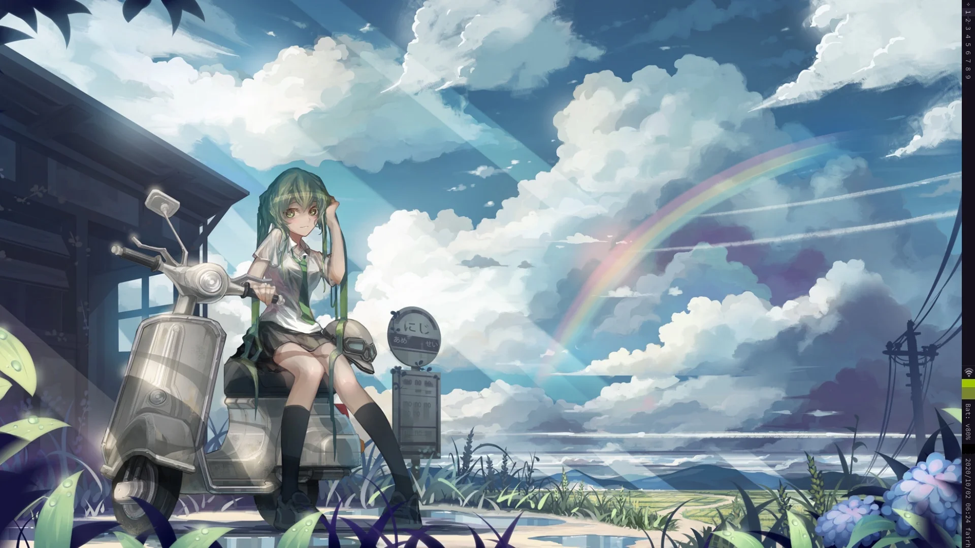 a clean desktop screenshot, the wallpaper is a miku sitting on a scooter, looking rather damp, but happy about it, with a rainbow in the background

a statusbar is visible on the right, with a (top to bottom) workspace indicator, wifi, volume bar, battery percentage, date and layout indicators