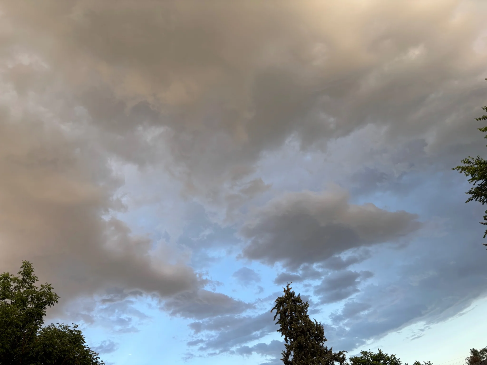 Some trees are around the edges of frame, most of the image is filled with clouds and sky