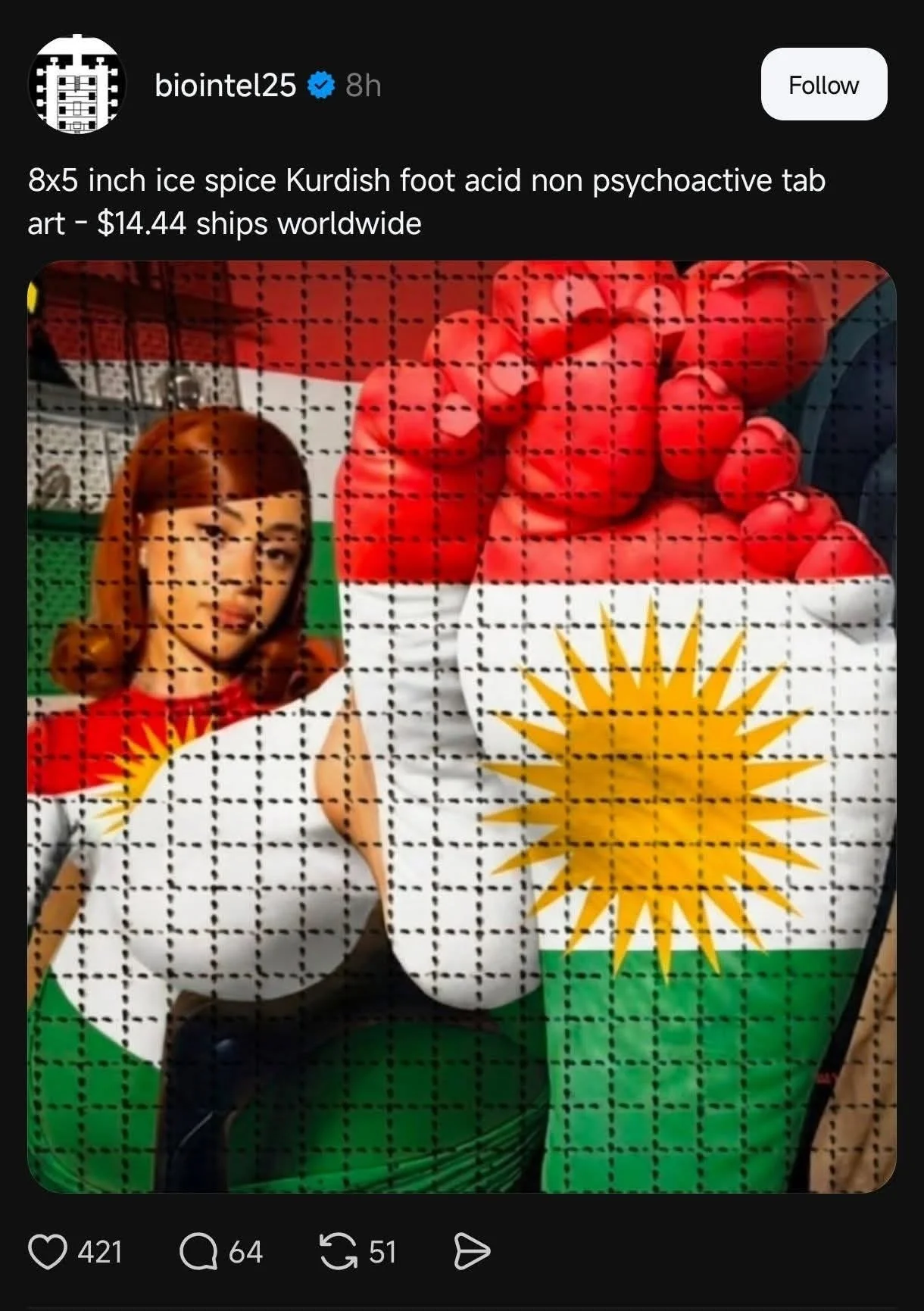 awful ai generated image of some girl’s feet coloured in the kurdish flag with description “8x5 inch ice spice Kurdish foot acid non psychoactive tab art - $14.44 ships worldwide