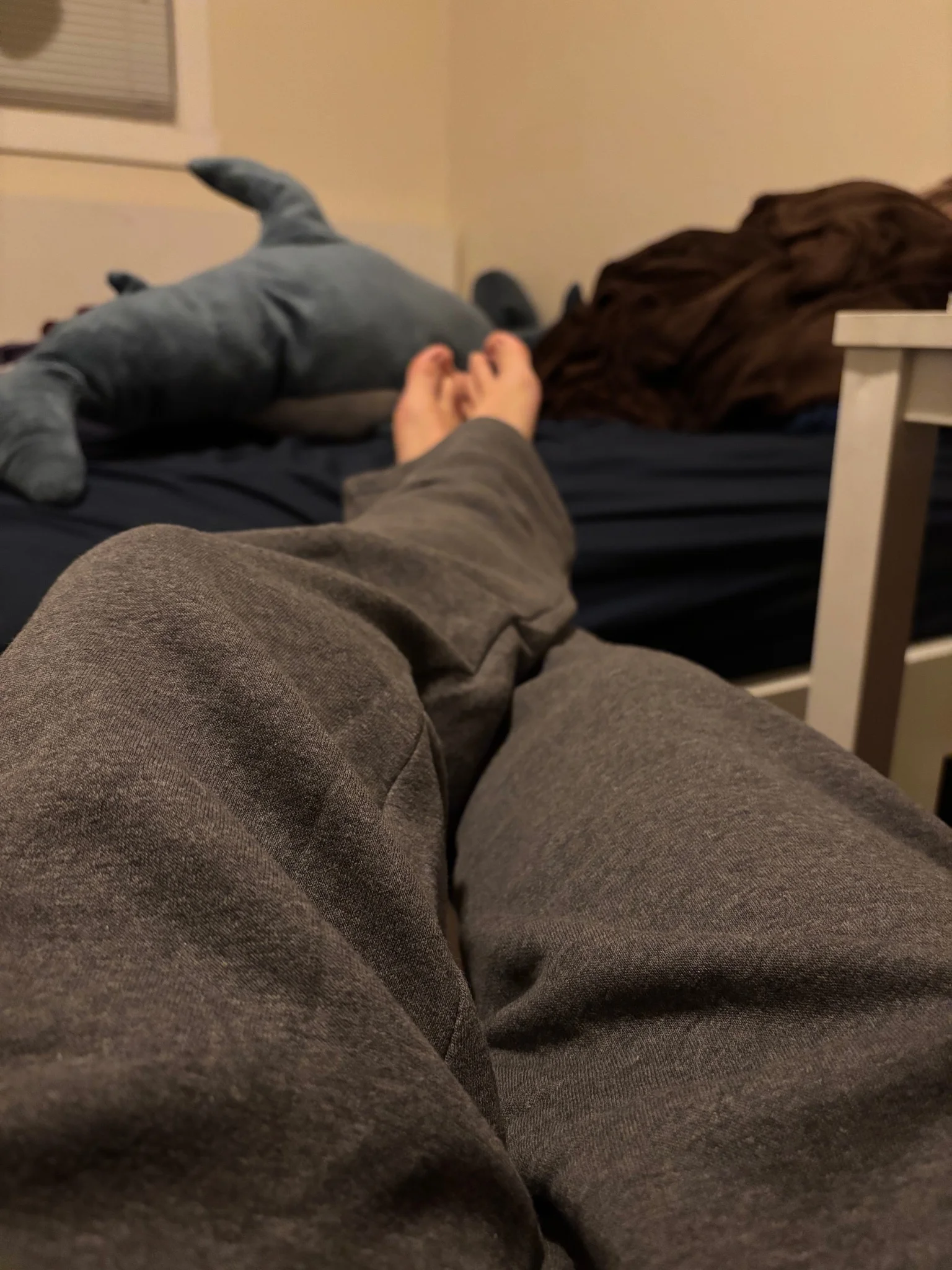 my legs, adorned in heather gray sweatpants, toes poking out from the end
further back in frame, becoming blurry from bokeh is a plush shark, and a brown blanket resting on a bed with blue sheets