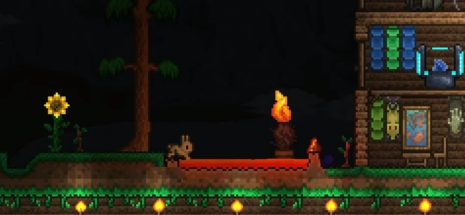 a terraria screenshot, with a bunny hopping into a lava trap