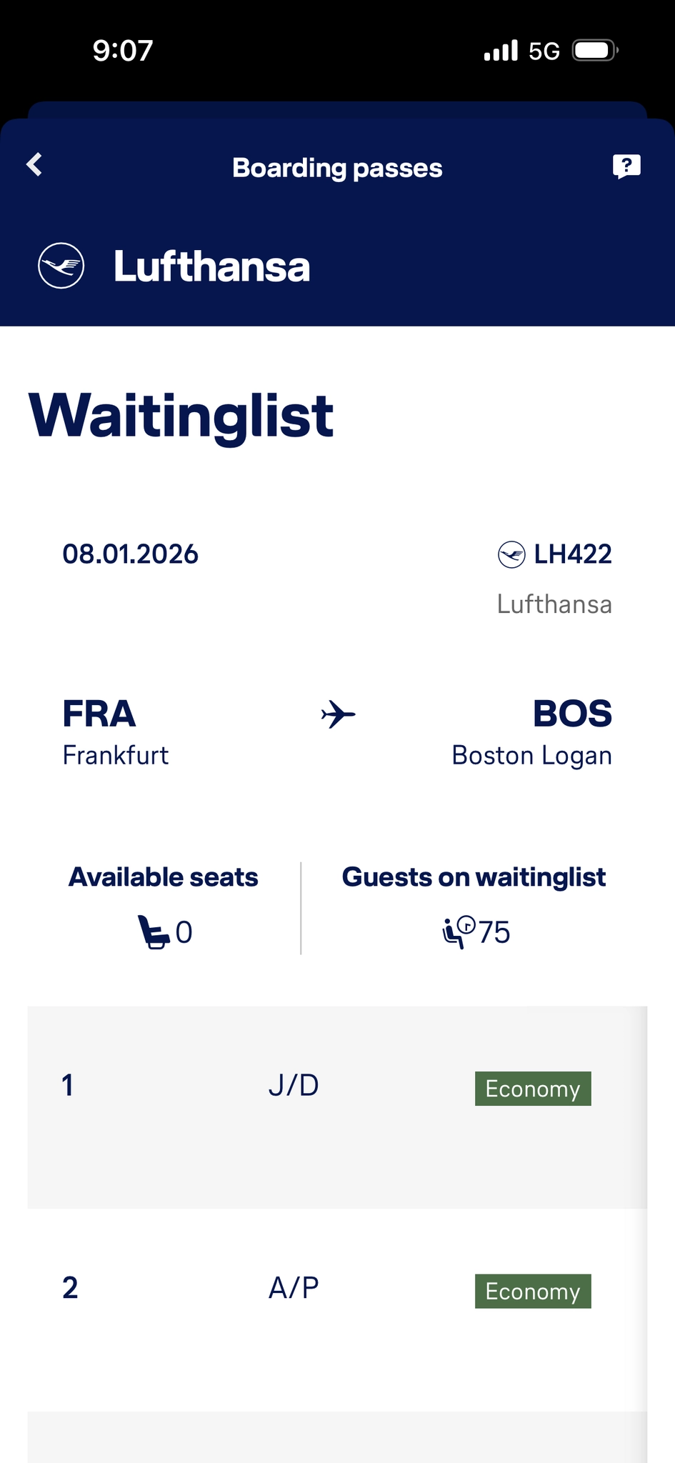 lufthansa flight lh422 waiting list, zero seats available, 75 passengers waiting