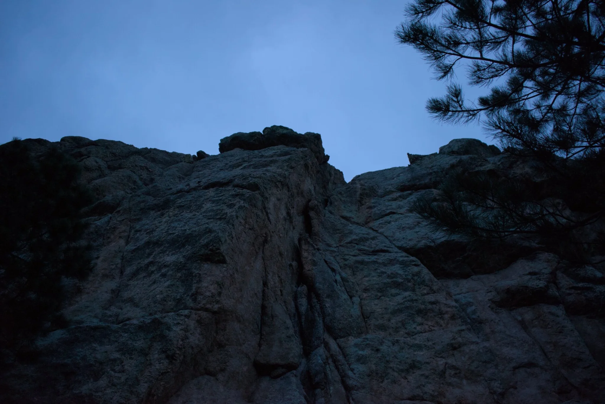 looking up at a cliff face, pine trees visible to the left and right, with a blue sky above... it is morning and the day is hopeful