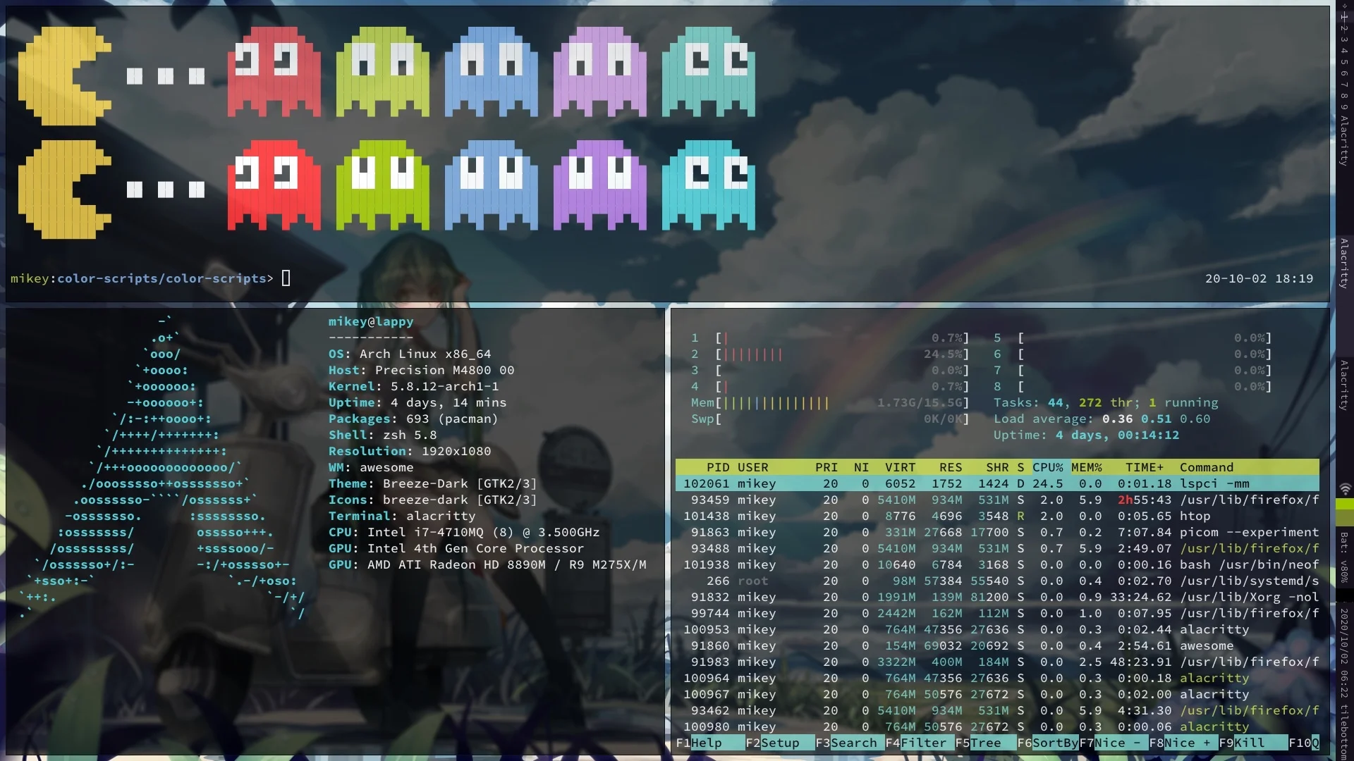 a dirty desktop screenshot, with the statusbar on the right, the windows are arranged in a t, 3 terminals, with a pacman color preview on the top, a neofetch(?) on the lower left, and an htop on the lower right