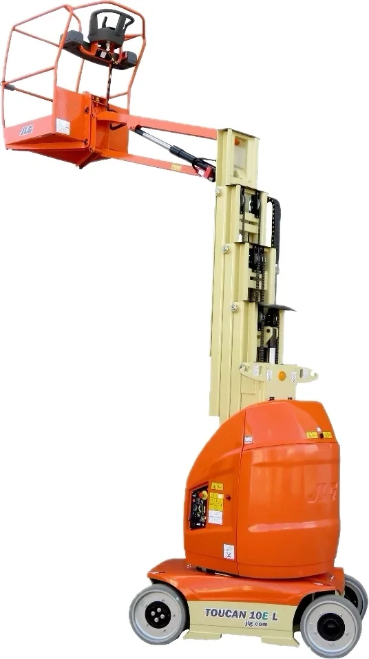 an extended orange mast boom lift, poorly pulled from its background by yours truly